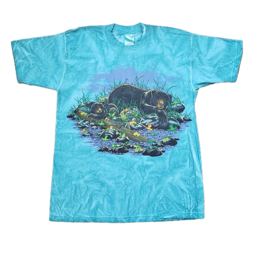 Vintage 90s Y2K Bear Family Sz Large Mens Aqua Tie Dye T-Shirt Nature Outdoors